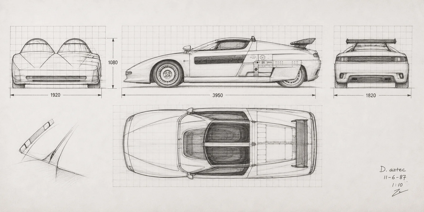 Giugiaro's original 1:10 design drawing for the Aztec, dated June 1987, showing front, side, rear and plan views with dimensions
