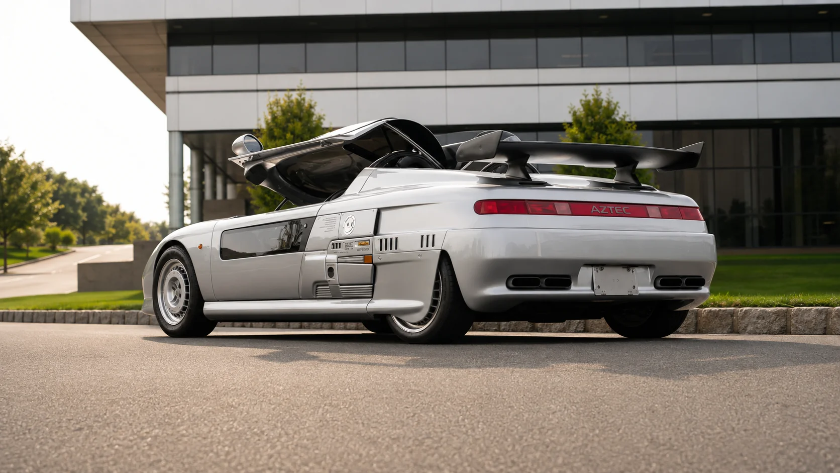 ItalDesign Aztec with the door and canopy open, showing the coded service panel markings on the flank