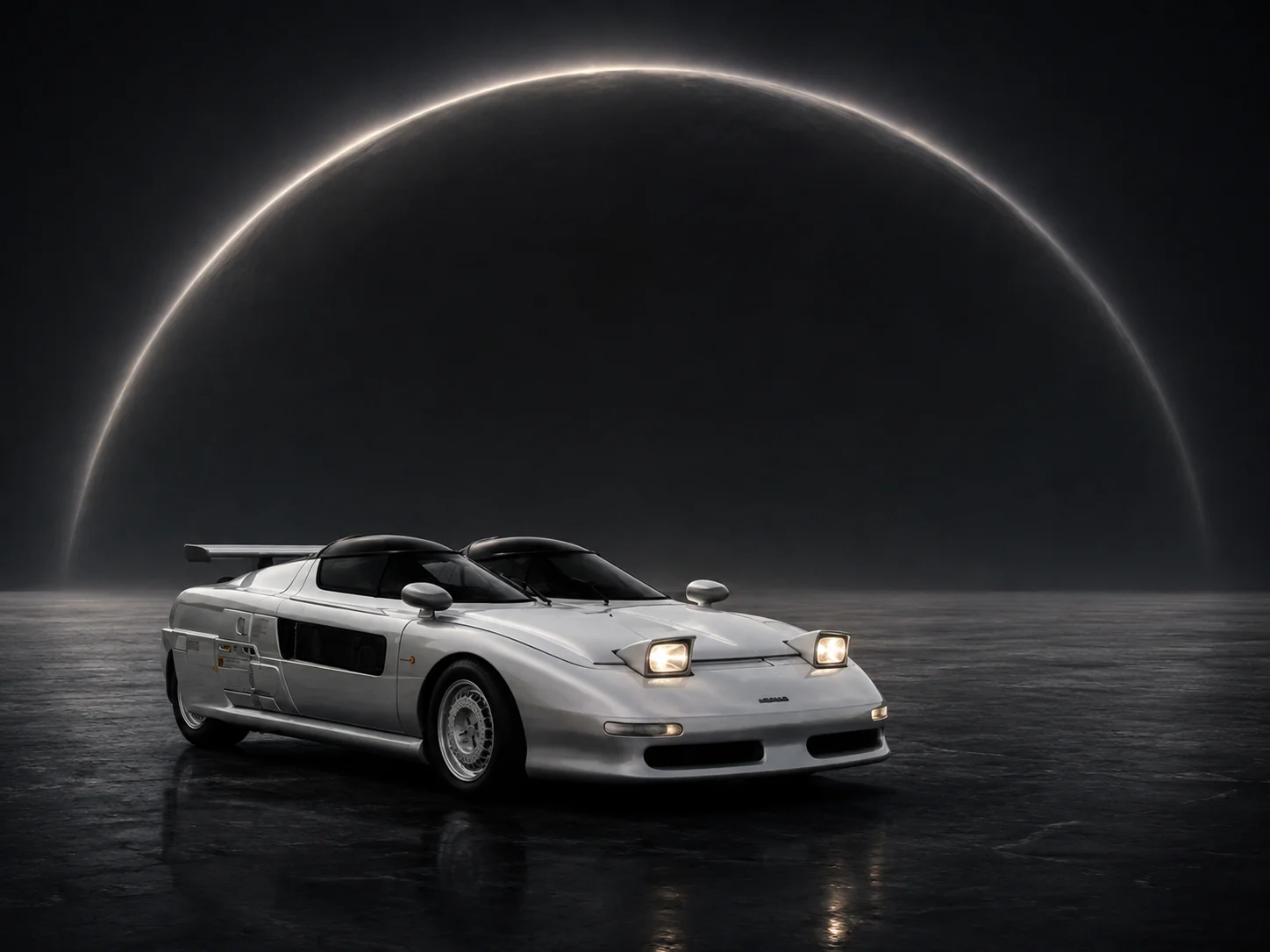 1988 ItalDesign Aztec in silver, lit against a dark studio floor beneath an arc of light